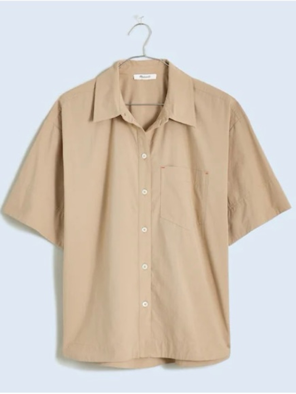 Madewell Poplin Oversized Boxy Button Up Short Sleeve Tan Top - Picture 2 of 7